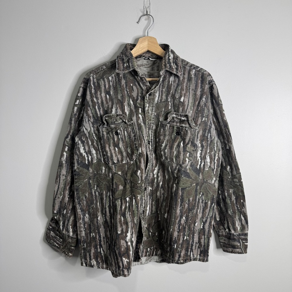Black Duck Shirt Mens Large Brown Green Camo Hunting Button Front Made USA
